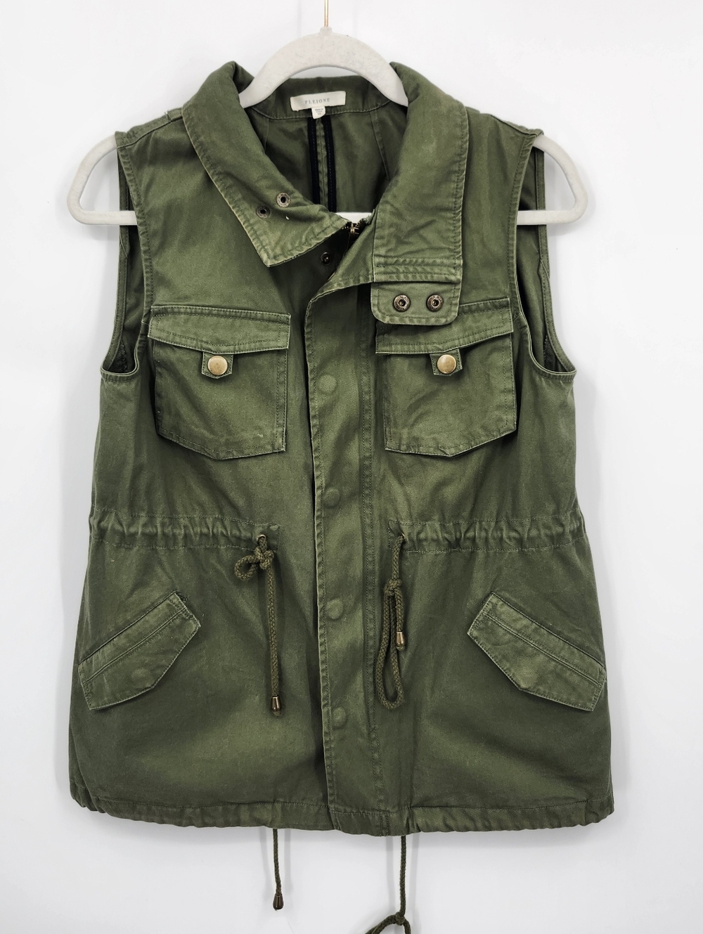 Pleione Cotton Twill‎ Military Vest Sz S petite Green Zip Button Up Drawstring